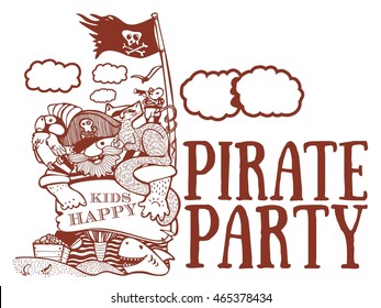 map of pirates, hand-drawn, image, funny children's characters