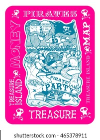 map of pirates, hand-drawn, image, funny children's characters
