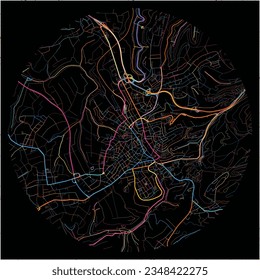 Map of Pirmasens, Rheinland-Pfalz with all major and minor roads, railways and waterways. Colorful line art on black background.