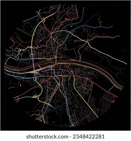 Map of Pirna, Saxony with all major and minor roads, railways and waterways. Colorful line art on black background.