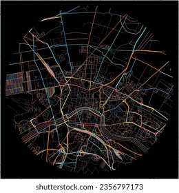 Map of Pisa, Tuscany with all major and minor roads, railways and waterways. Colorful line art on black background.