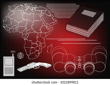 map, pistol and binoculars on a red background.