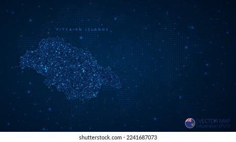Map of Pitcairn Islands modern design with polygonal shapes on dark blue background. Business wireframe mesh spheres from flying debris. Blue structure style vector illustration concept.