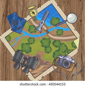 Map and plan to travel. Trip plan vector, travel guide. Camera, passports, map, compass, GPS. Cartoon Style. Vector Illustration.