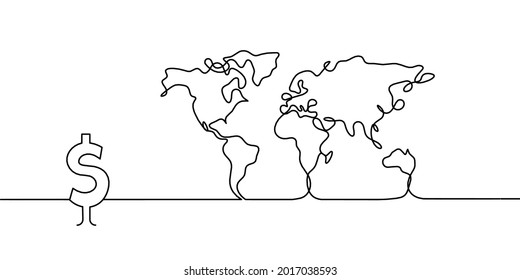 Map of planet Earth and dollar as line drawing on white background. Vector