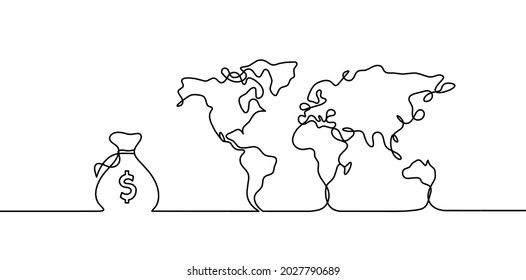 Karte von Erde und Dollar mit Metallgetrieben als Linie auf weißem Hintergrund. Vektorgrafik