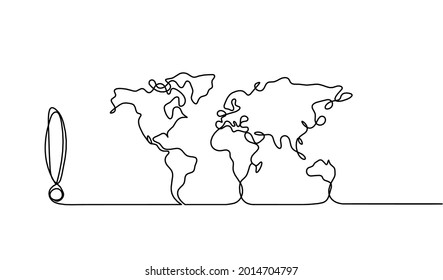 Map of planet Earth and exclamation mark as line drawing on white background. Vector