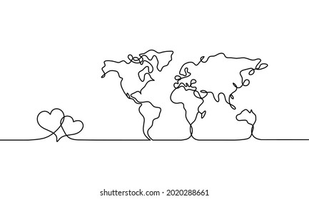 Mapa del planeta Tierra con corazones como línea de fondo blanco. Vector