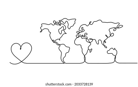 Karte des Planeten Erde und der Herzen als Linie auf weißem Hintergrund. Vektorgrafik
