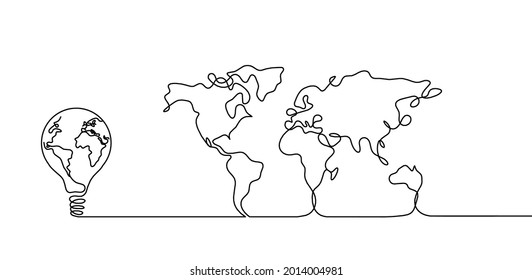 Karte des Planeten Erde und der Glühbirne als Linie auf weißem Hintergrund. Vektorgrafik
