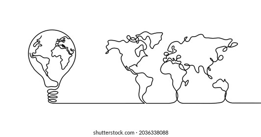 Karte des Planeten Erde und der Glühbirne als Linie auf weißem Hintergrund. Vektorgrafik