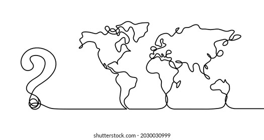 Map of planet Earth and question mark as line drawing on white background. Vector