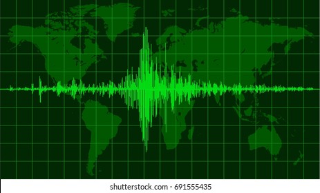 Map of the planet earth with a seismic diagram, green color matrix, vector concept of the global crisis, the pulse of the planet earth, a news event of world scale