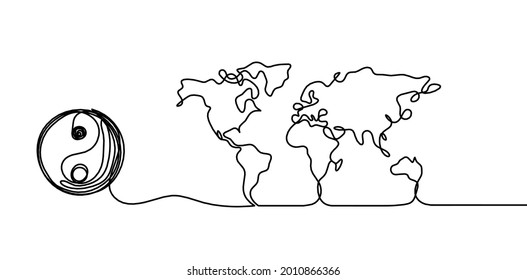 Map of planet Earth and in yang as line drawing on white background. Vector