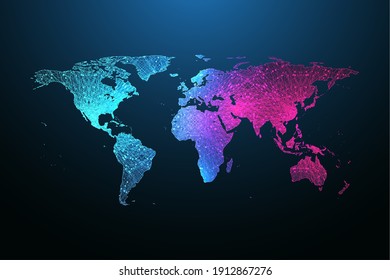 Map of the planet. Global social network. Floating blue plexus geometric background. Internet and technology. Vector illustration