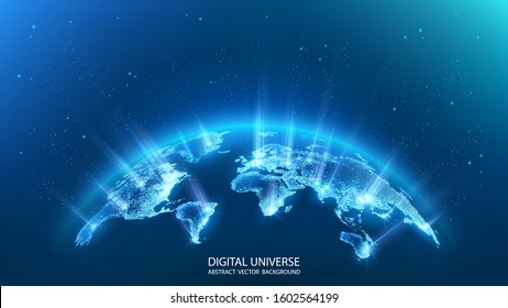 Карта планеты. Лучи энергии. Карта мира. Глобальная социальная сеть. Будущее. Вектор. Синий футуристический фон с планетой Земля. Интернет и технологии. Плавающий геометрический фон синего сплетения.