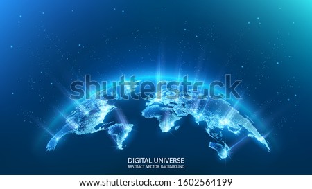 Map of the planet. Rays of energy.  World map. Global social network. Future. Vector. Blue futuristic background with planet Earth. Internet and technology. Floating blue plexus geometric background.