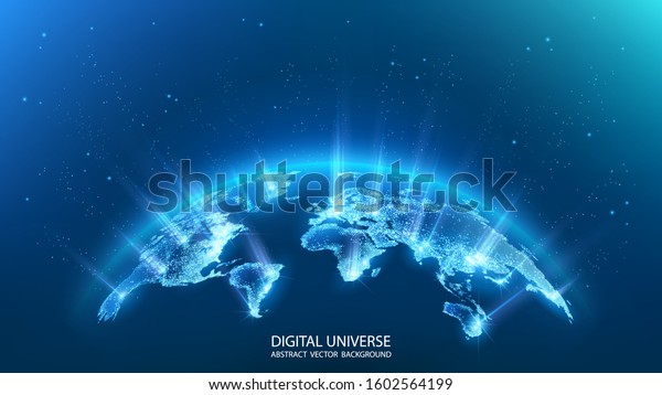 Map of the planet. Rays of energy.  World\
map. Global social network. Future. Vector. Blue futuristic\
background with planet Earth. Internet and technology. Floating\
blue plexus geometric\
background.