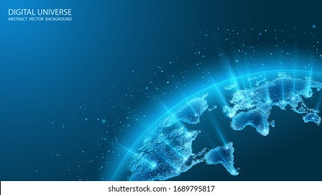 Map Of The Planet. Spherical World Map. Global Social Network. Future. Vector. Blue Futuristic Background With Planet Earth. Internet And Technology. Floating Blue Plexus Geometric Background.  