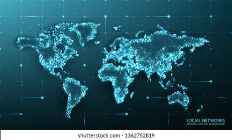 Map of the planet. World map. Global social network. Future. Vector. Blue futuristic background with planet Earth. Internet and technology. Virtual reality and modern science. 