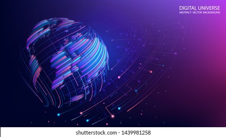 Map of the planet. World map. Global social network. Future. Vector. Violet and blue futuristic background with planet Earthcreated by brush strokes. Internet and technology. Plexus background.