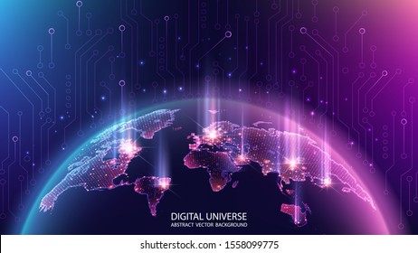 Map of the planet. World map. Global social network. Future. Vector. Violet and blue futuristic background with planet Earth. Internet and technology. Floating blue plexus geometric background. 