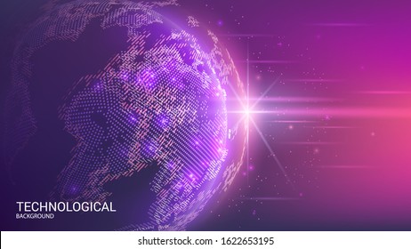 Map of the planet. World map. Global social network. Future. Vector. Blue futuristic background with planet Earth. Internet and technology. Floating blue plexus geometric background.  