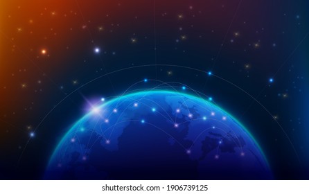 Map of the planet. World map. Global social network. Future. Vector. Violet and blue futuristic background with planet Earth. Internet and technology.