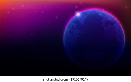 Map of the planet. World map. Global social network. Future. Vector. Violet and blue futuristic background with planet Earth. Internet and technology.