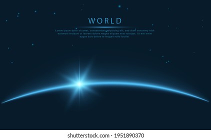 Map of the planet. World map. Global social network. Future. Vector. Blue futuristic background with planet Earth. Internet and technology. Night view of Earth on the sunrise from the east.