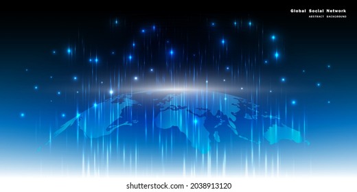 Karte des Planeten. Weltkarte. Globales soziales Netzwerk. Zukunft. Vektorgrafik. Blauer futuristischer Hintergrund mit dem Planeten Erde. Internet und Technologie. Blau-plexus-geometrischer Hintergrund.