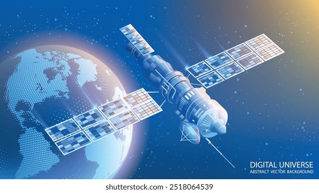 Mapa do planeta. Mapa do mundo. Rede social global. Vetor. Satélite de comunicação espacial. Fundo futurista tecnológico azul escuro realista com o planeta Terra. Internet e tecnologia. 