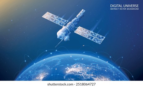 Map of the planet. World map. Global social network. Vector. Space communication satellite. Realistic dark blue technological futuristic background with planet Earth. Internet and technology. 