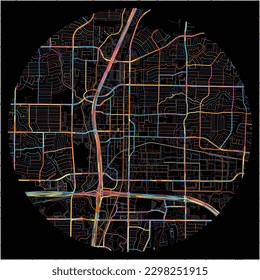 Map of Plano, Texas with all major and minor roads, railways and waterways. Colorful line art on black background.