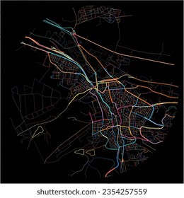 Karte von Pleven mit allen wichtigen und kleineren Straßen, Eisenbahnen und Wasserstraßen. Farbige Linienkunst auf schwarzem Hintergrund.
