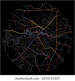 Map of Plunge, Telšiai County with all major and minor roads, railways and waterways. Colorful line art on black background.