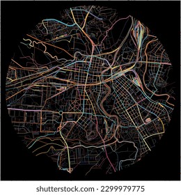Map of Plzen with all major and minor roads, railways and waterways. Colorful line art on black background.