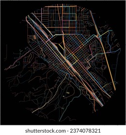 Map of Pocatello, Idaho with all major and minor roads, railways and waterways. Colorful line art on black background.