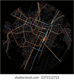 Mapa de Podgorica, Central con todas las carreteras principales y menores, ferrocarriles y vías fluviales. Coloridas líneas de arte sobre fondo negro.