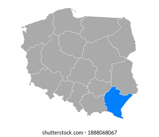 Map of Podkarpackie in Poland on white