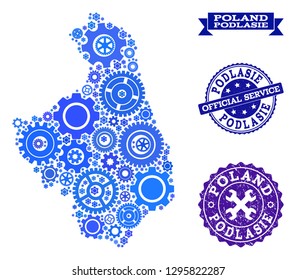 Map of Podlasie Province created with blue gear symbols, and isolated scratched watermarks for official repair services.