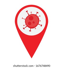 Map point with coronavirus. Virus transmission or related virus location. Vector logo template. 