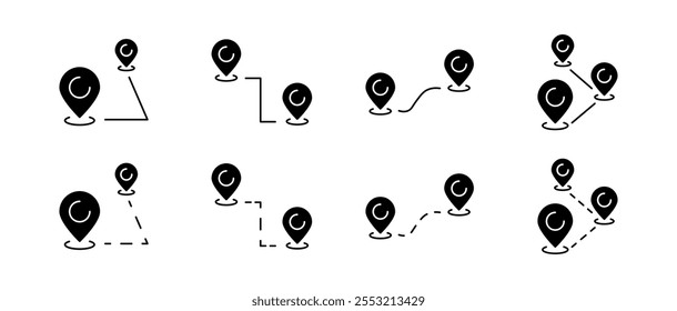 Ícones do conjunto de rotas do ponto do mapa. Estilo de silhueta. Ícones de vetor.