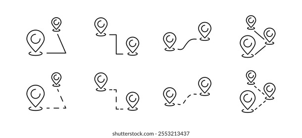 Map point route set icons. Linear style. Vector icons.