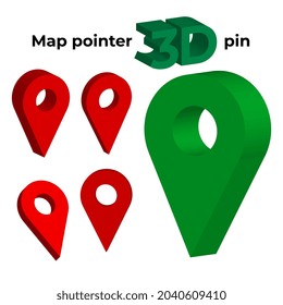 Map pointer 3d pin. Pointer red and green pin marker for travel place. Location symbols set isolated on white background. Vector illustration.