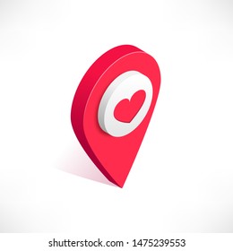 Map pointer 3d pin vector isometric icon. Red geotag location point with heart, favorites symbol isolated on white background. Vector illustration for web, apps, infographics