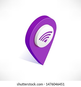 Map pointer 3d pin vector isometric icon. Violet geotag location point with wifi, internet symbol isolated on white background. Vector illustration for web, apps, infographics