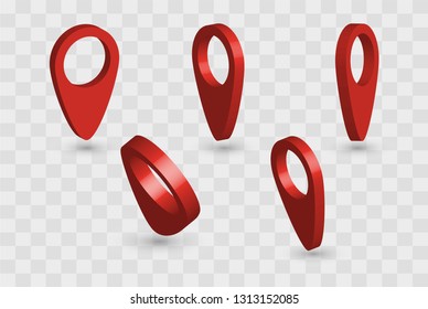 Map pointer. 3D Pointer red pin markers for travel location. Set of vector location icons on transparent background. Vector illustration.