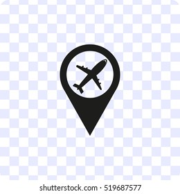 Map pointer with airplane - black vector icon