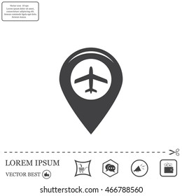 Map pointer with airplane icon. 